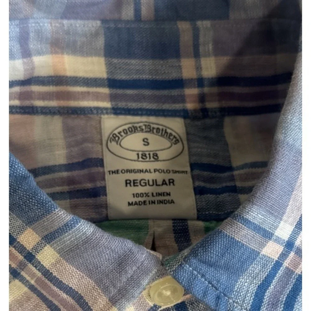 Brooks Brothers 1818 Regular Fit Linen Button Down Plaid Shirt Mens Small New - Picture 4 of 10